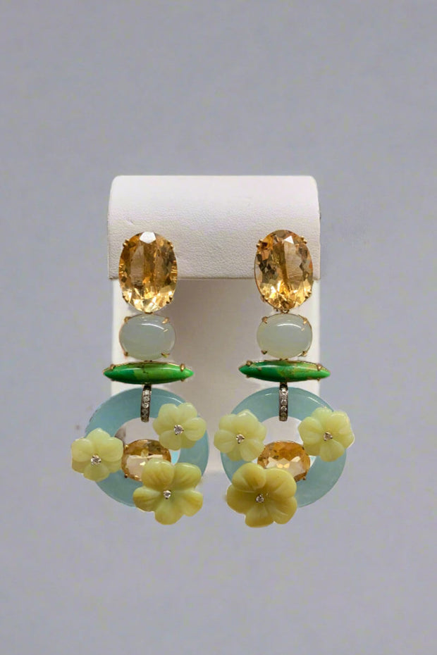 Mildred Hoit Private Jewelry Collection Citrine, Agate, Chrysoprase Drop Floral Earrings available at Mildred Hoit in Palm Beach. 