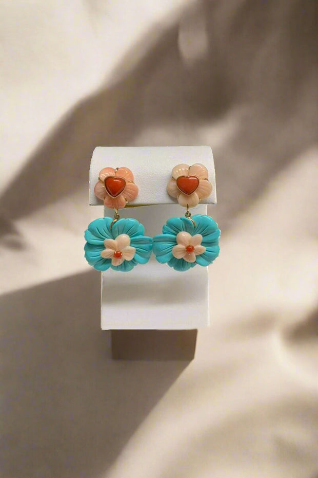 Coral and Turquoise Flower Earrings with Heart Motif available at Mildred Hoit in Palm Beach.