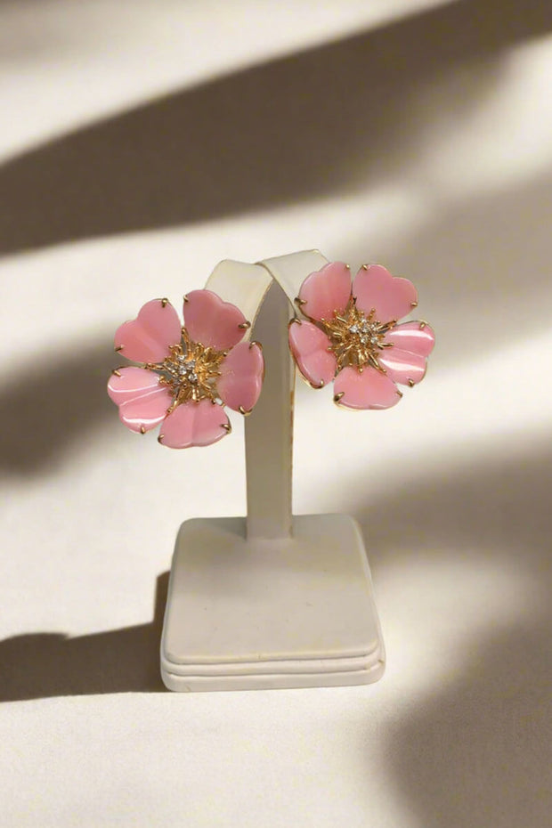Mildred Hoit Private Jewelry Collection Heart Shaped Petal Pink Mother of Pearl Floral Earring available at Mildred Hoit in Palm Beach.