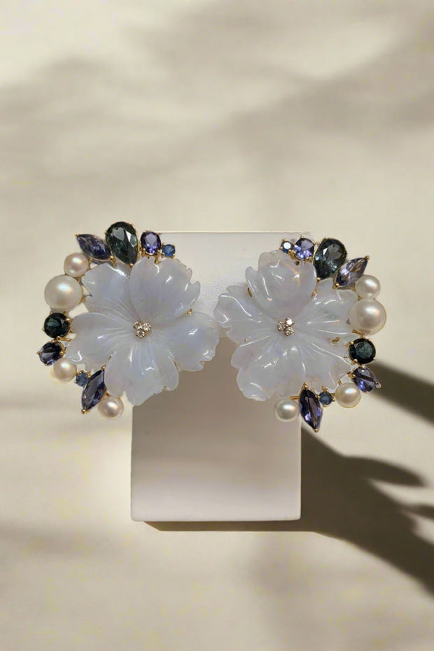 Mildred Hoit Private Collection Chaceldony, Ionite, Tourmaline, Pearl, Sapphire, Diamond Floral Earrings available at Mildred Hoit in Palm Beach.