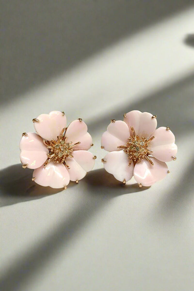Pink Mother of Pearl Flower Earrings available at Mildred Hoit in Palm Beach.