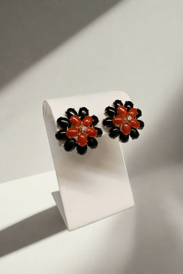 Onyx, Coral, and Diamond Earrings