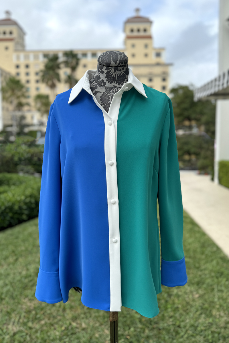 Emmelle Luxurious Crepe Tri-Color Tunic in Cerulean/Green Teal/Pearl - Mildred Hoit