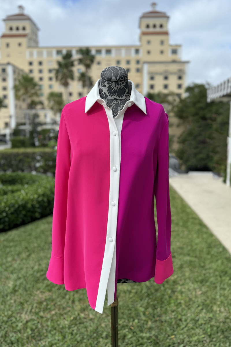 Emmelle Luxurious Crepe Tri-Color Tunic in Pink/Fuchsia/Pearl - Mildred Hoit