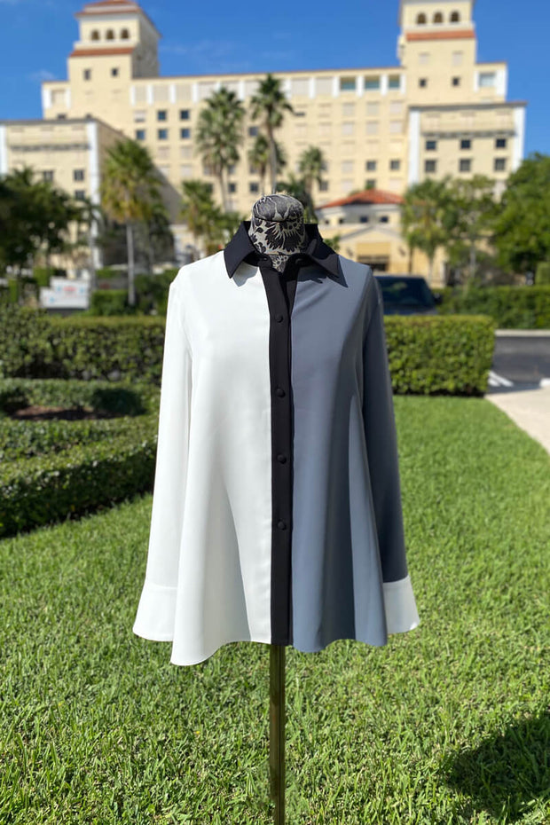 Emmelle Luxurious Crepe Tri-color Top - Pearl/Chalk/Storm available at Mildred Hoit in Palm Beach.