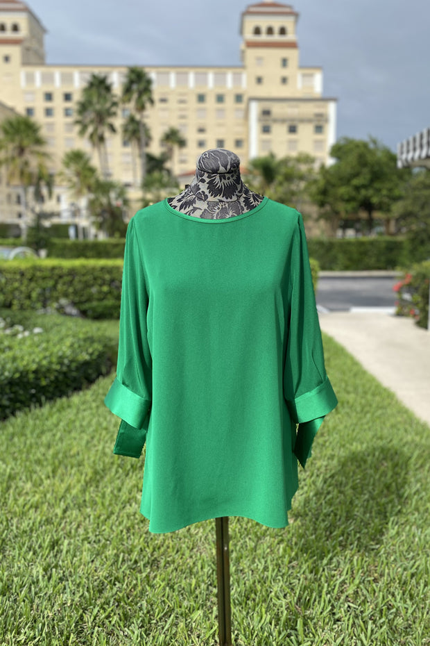 Emmelle Silk Blouse with Satin Tie Cuff in Emerald available at Mildred Hoit.