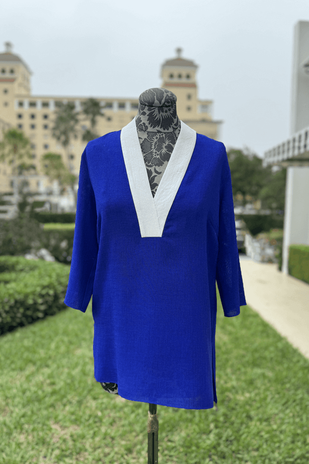 Emmelle Microlinen White and Cobalt V-Neck Tunic available at Mildred Hoit in Palm Beach.