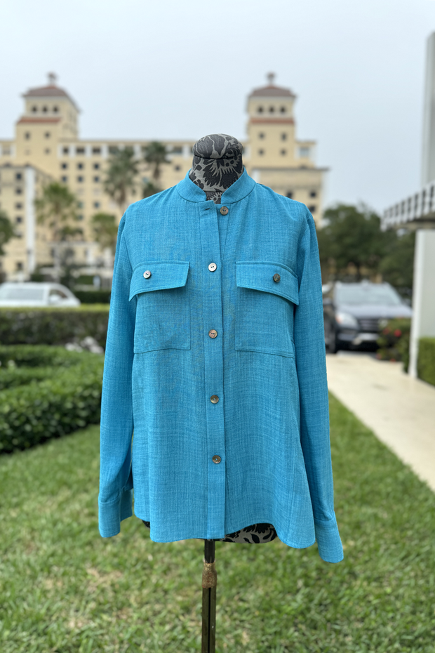 Emmelle Microlinen Cargo Blouse in Cyan available at Mildred Hoit in Palm Beach.