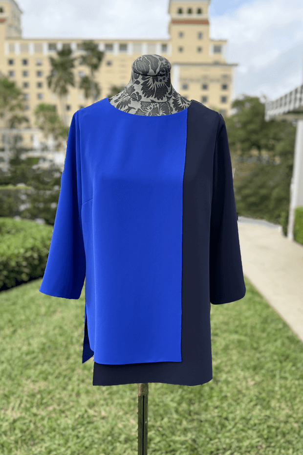 Emmelle Layered Front Luxurious Crepe Tunic in Cobalt and Midnight available at Mildred Hoit in Palm Beach.