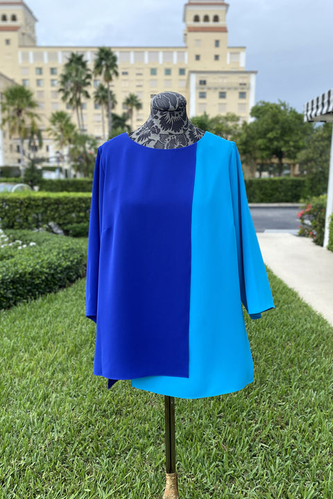 Emmelle Layered Front Luxurious Crepe Tunic in Cobalt and Turquoise available at Mildred Hoit in Palm Beach.