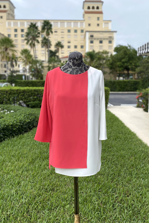 Emmelle Layered Front Luxurious Crepe Tunic in Coral and Pearl available at Mildred Hoit in Palm Beach.