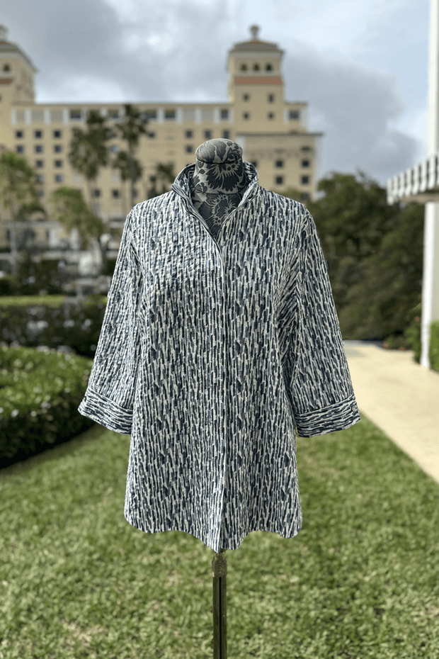 Emmelle Paint Brush Stroke Mandarin Collar Tunic in Navy and White available at Mildred Hoit in Palm Beach.