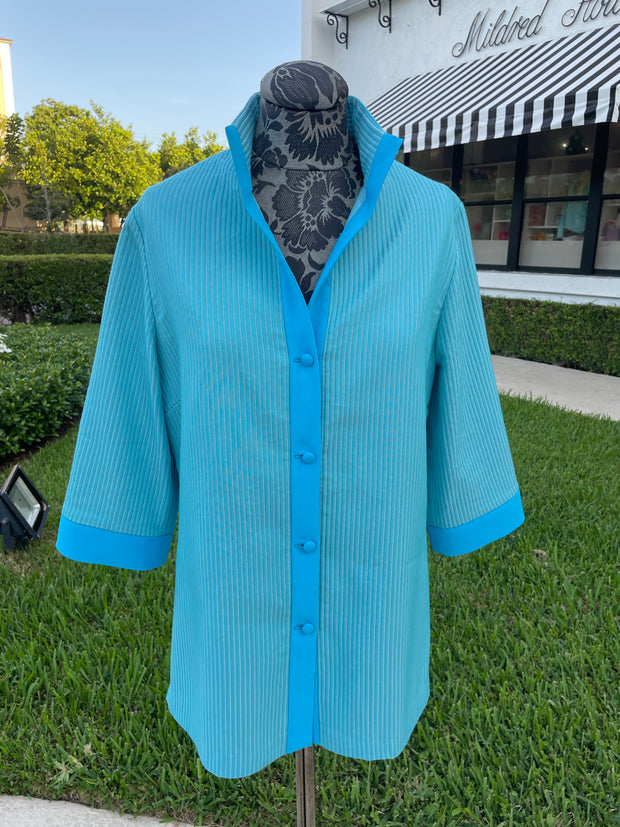 Emmelle Bracelet Sleeve Textured Jacket in Turquoise available at Mildred Hoit in Palm Beach.