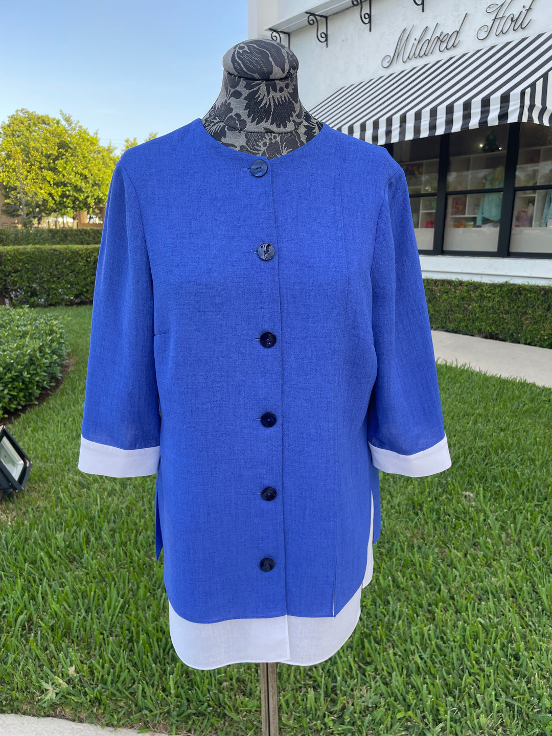 Emmelle Microlinen Jacket in Electric Blue and White - Mildred Hoit