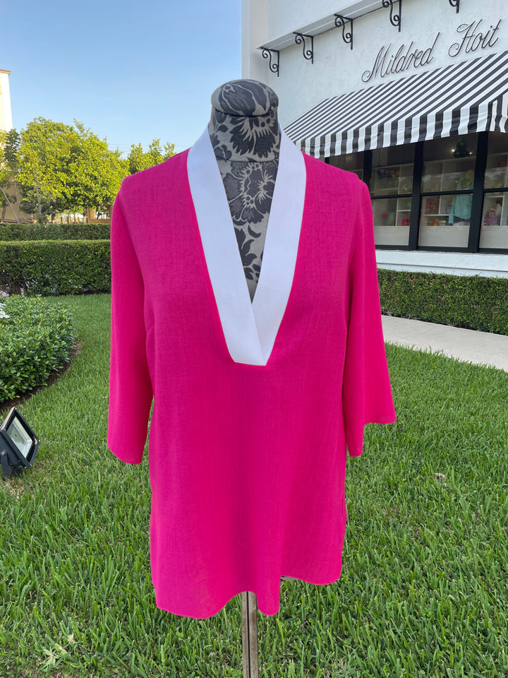 Emmelle Microfiber V-Neck Tunic in Fuschia and White - Mildred Hoit