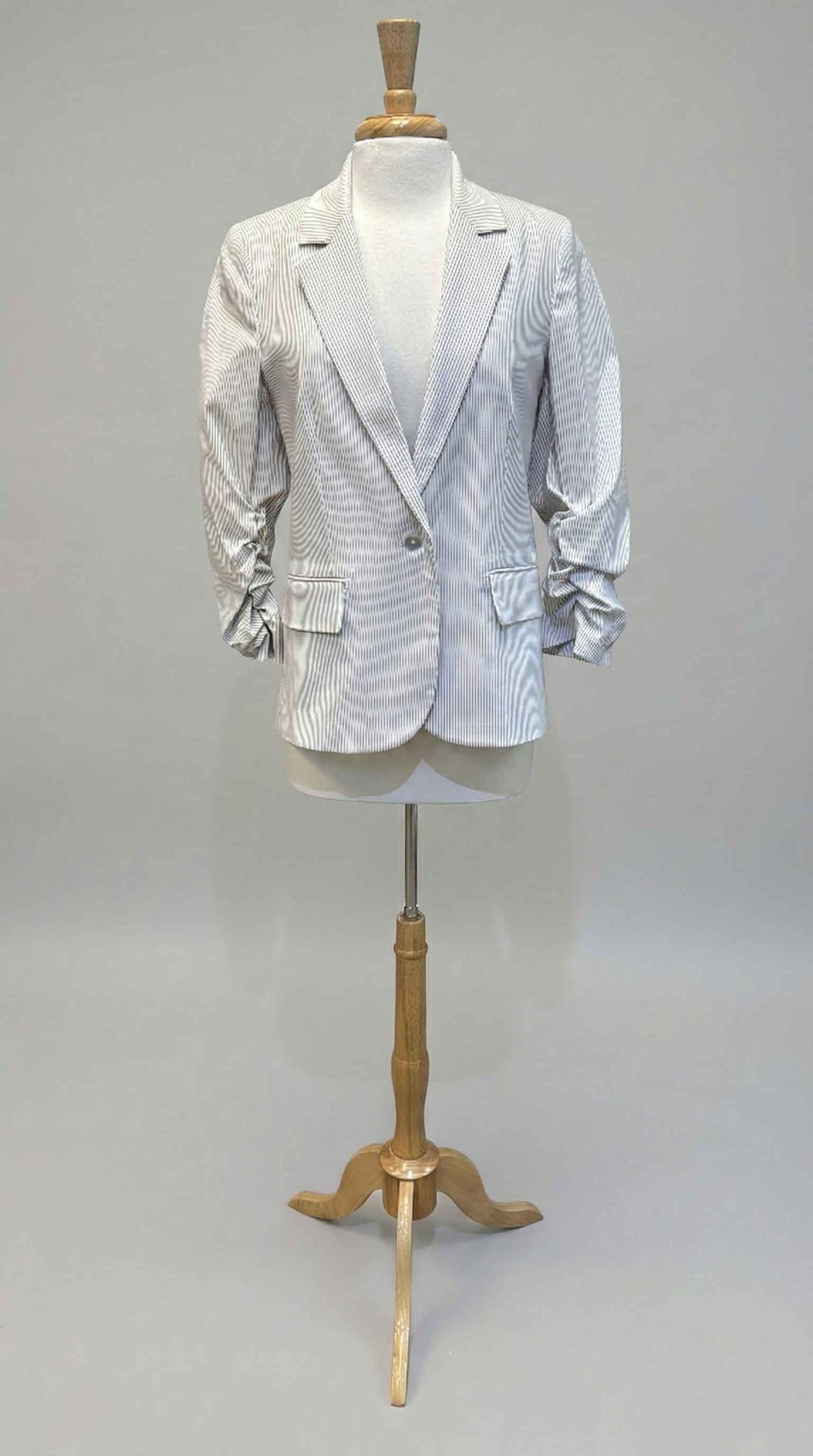 Estelle & Finn Ruched Sleeve Blazer in Khaki Stripe - Mildred Hoit