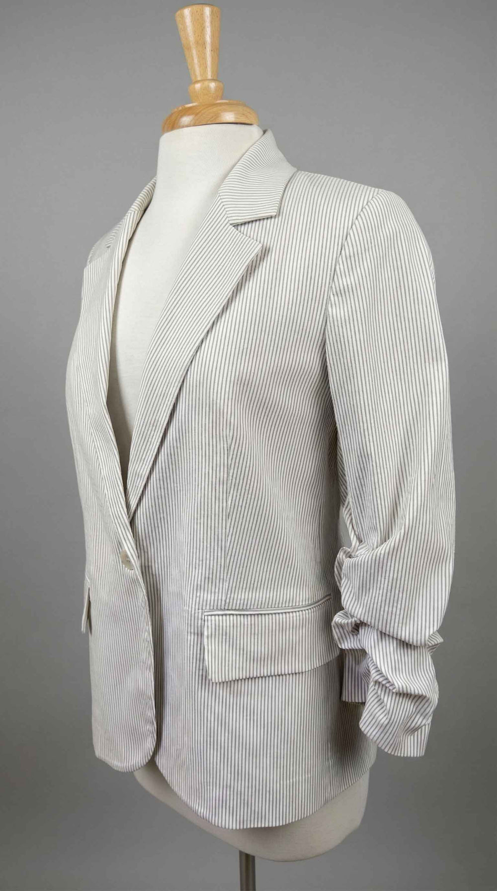 Estelle & Finn Ruched Sleeve Blazer in Khaki Stripe - Mildred Hoit