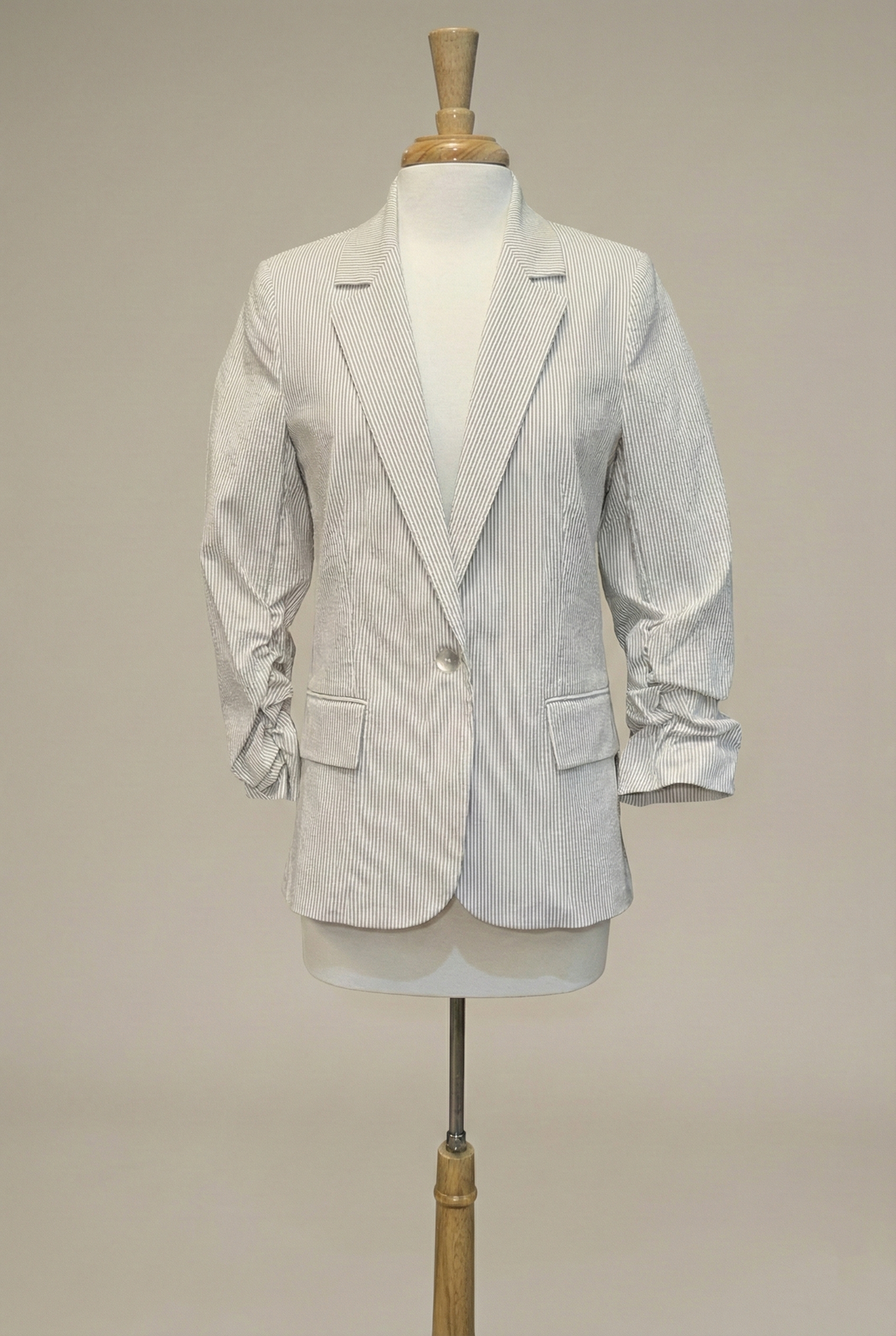 Estelle & Finn Ruched Sleeve Blazer in Khaki Stripe - Mildred Hoit