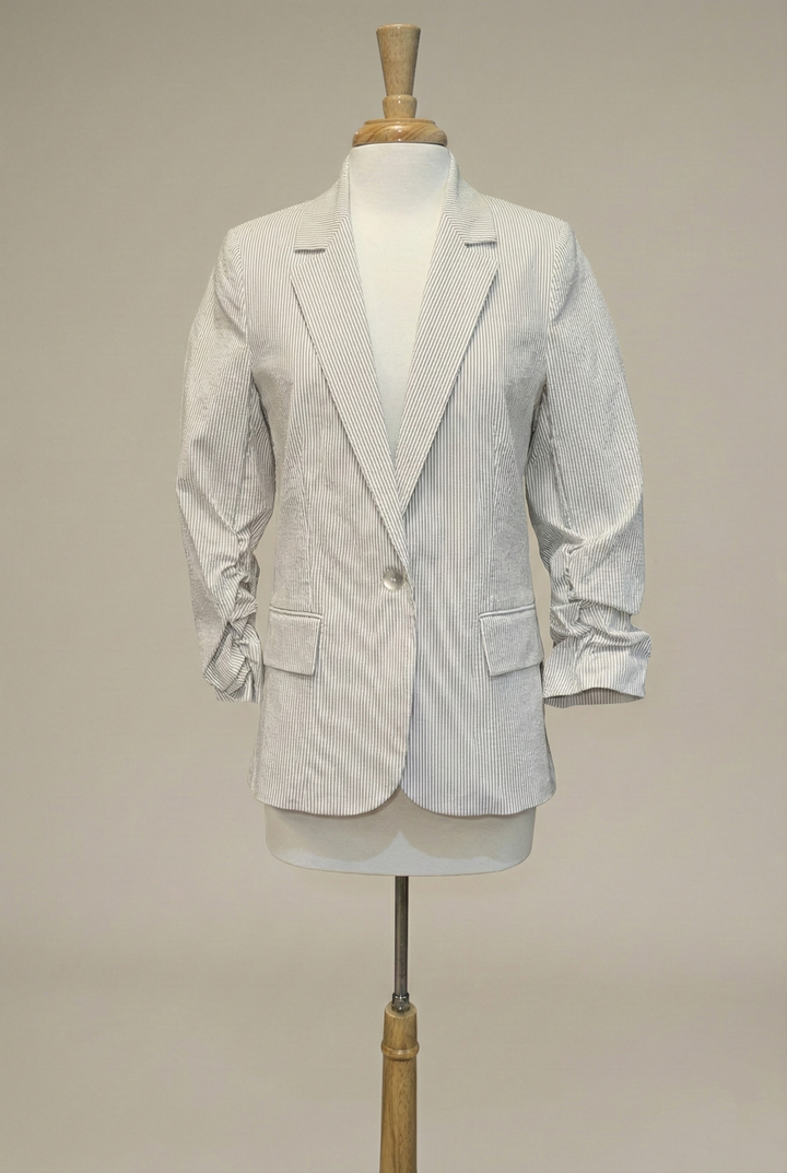 Estelle & Finn Ruched Sleeve Blazer in Khaki Stripe - Mildred Hoit