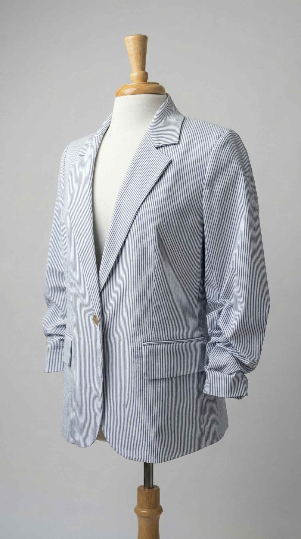 Estelle & Finn Ruched Sleeve Blazer in Navy Stripe - Mildred Hoit