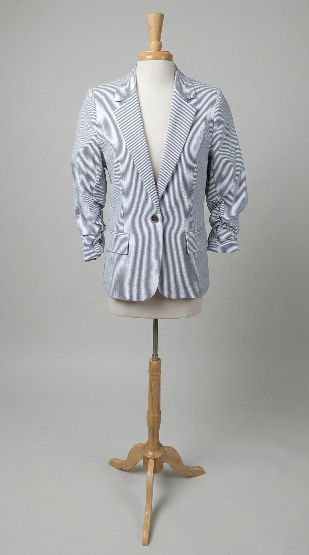 Estelle & Finn Ruched Sleeve Blazer in Navy Stripe - Mildred Hoit