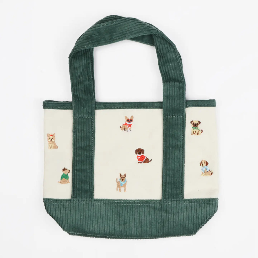 Dogs Embroidered Corduroy Tote Bag in Green - Mildred Hoit