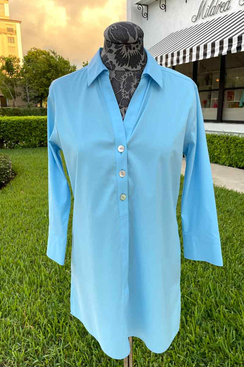 Foxcroft Pamela Non-Iron Strech Tunic in Baltic Blue available at Mildred Hoit in Palm Beach.