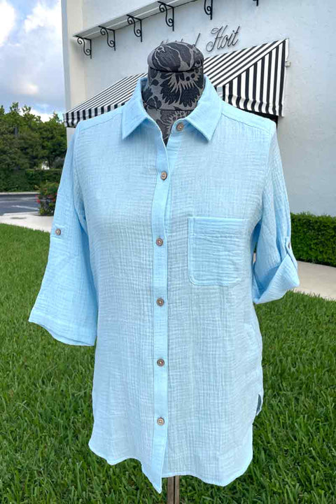 Foxcroft Tamara Cotton Gauze Shirt in Baltic Blue available at Mildred Hoit in Palm Beach.
