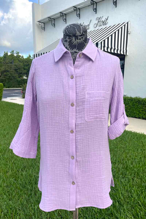 Foxcroft Tamara Cotton Gauze Shirt in Orchid Bloom available at Mildred Hoit in Palm Beach.