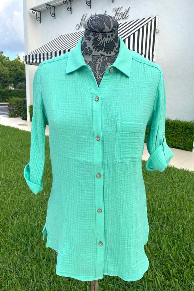 Foxcroft Tamara Cotton Gauze Shirt in Sea Mist available at Mildred Hoit in Palm Beach.