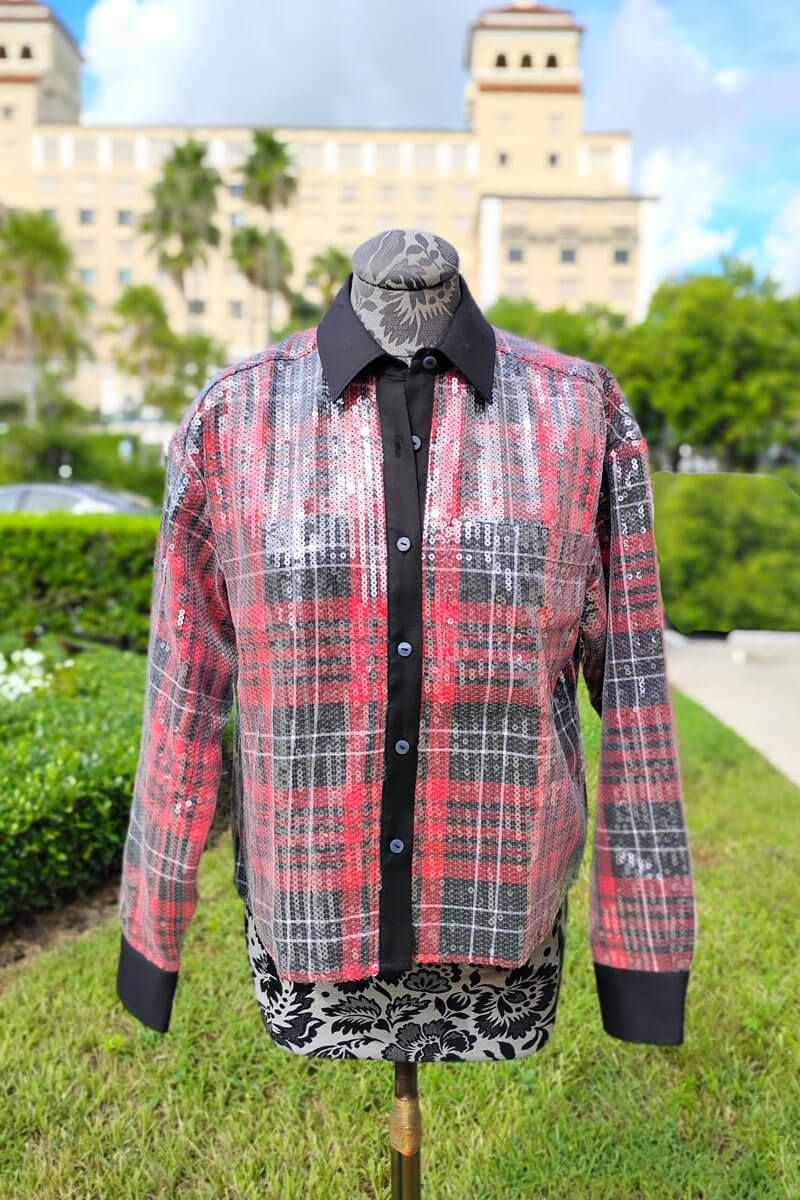 Marina Long Sleeve Sequin Plaid Shirt in Red - Mildred Hoit