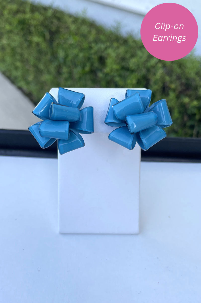 French Ambre Bow Earrings in Blue - Mildred Hoit