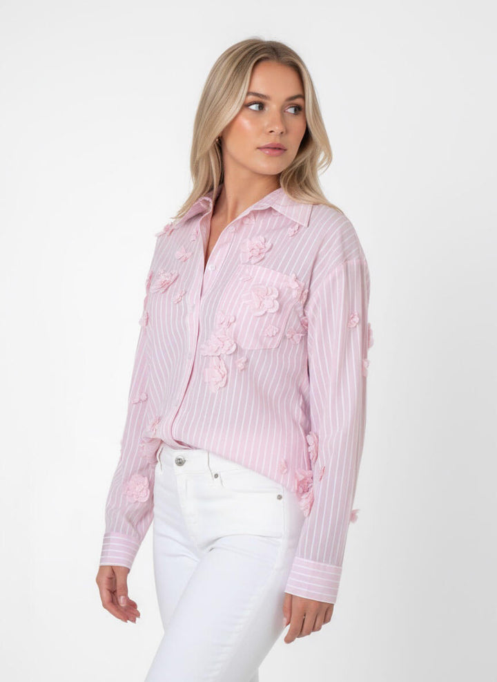 Light Pink & White Striped Blouse with Flower Details - Mildred Hoit