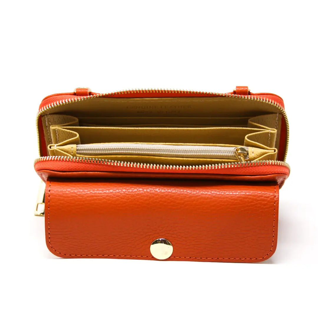 Leather Wallet with Crossbody in Orange - Mildred Hoit