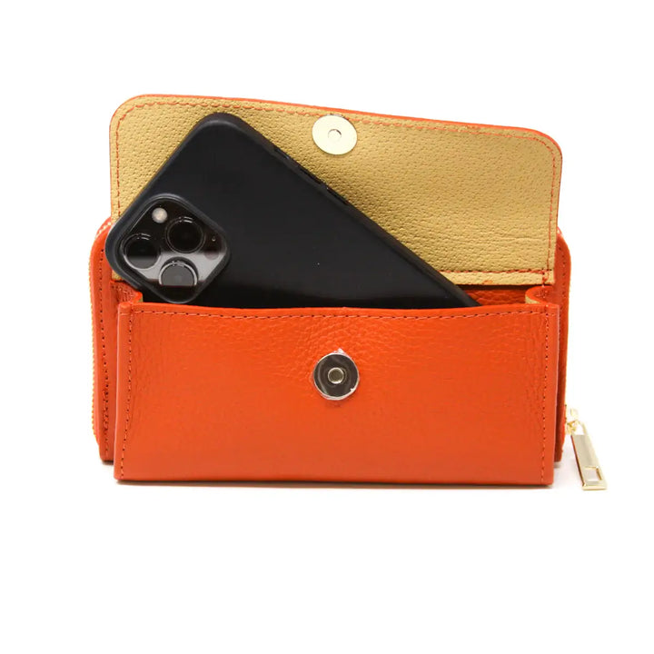 Leather Wallet with Crossbody in Orange - Mildred Hoit