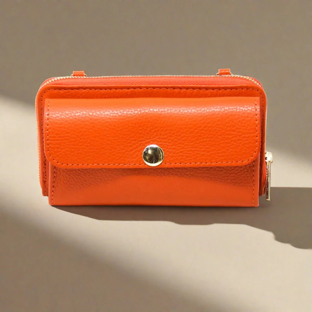 Leather Wallet with Crossbody in Orange - Mildred Hoit