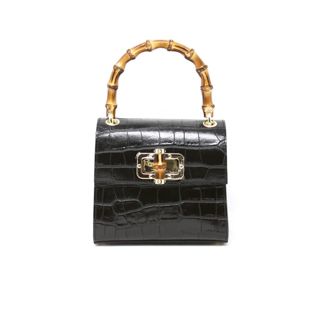 Small Leather Handbag with Bamboo Handle in Black available at Mildred Hoit in Palm Beach.