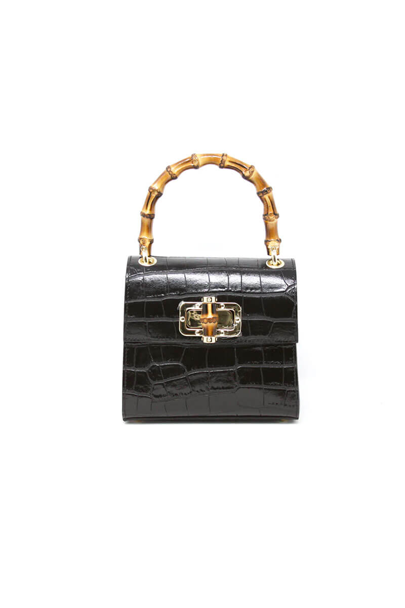 Black Leather Handbag with Bamboo Handle