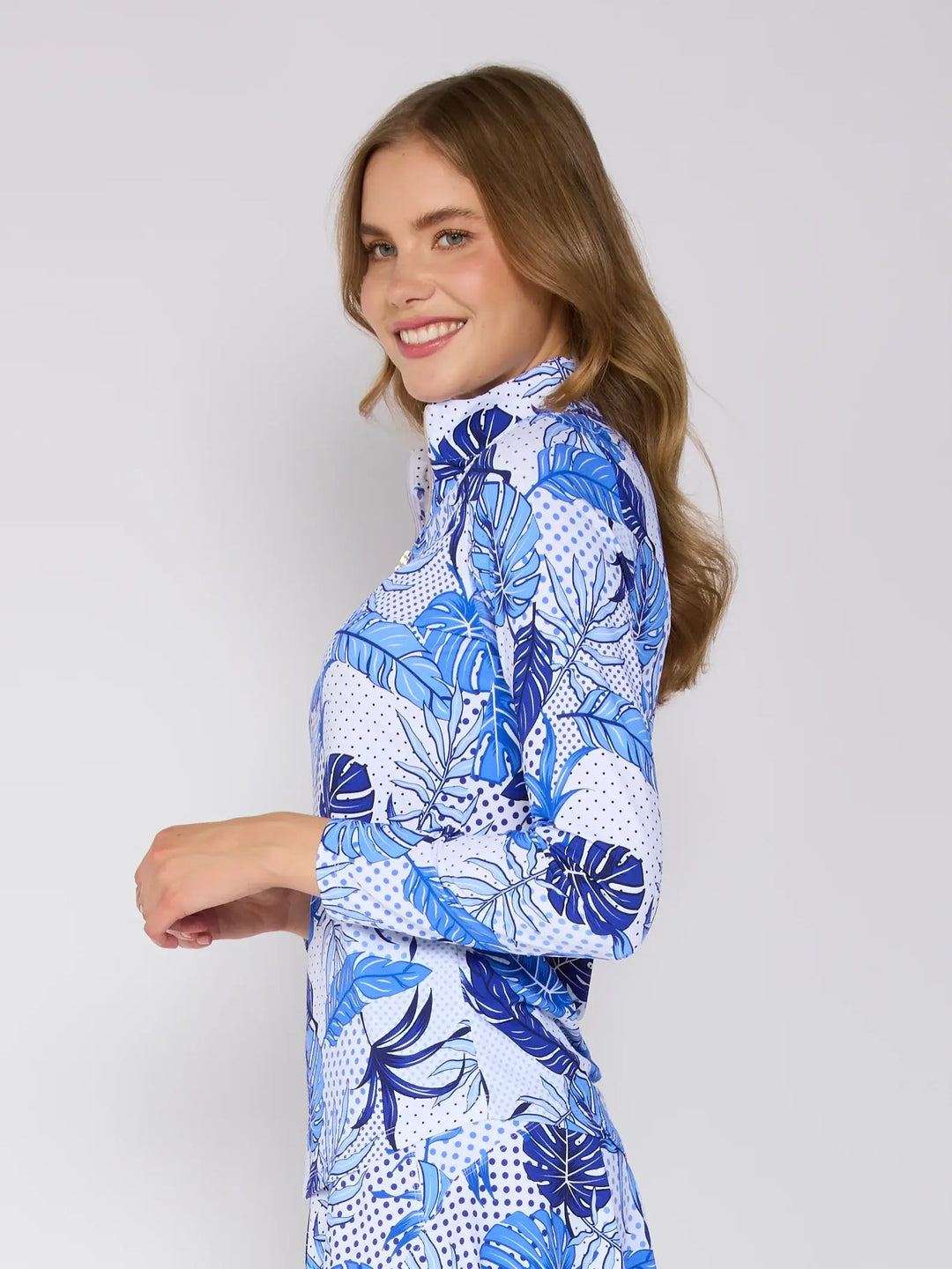 Quarter Zip Sun Protection Top In Blue Oasis - Mildred Hoit