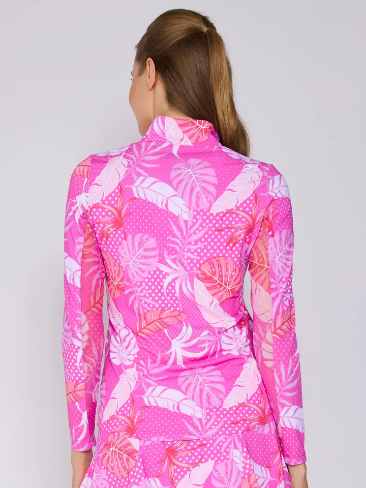 Quarter Zip Sun Protection Top In Pink Oasis - Mildred Hoit