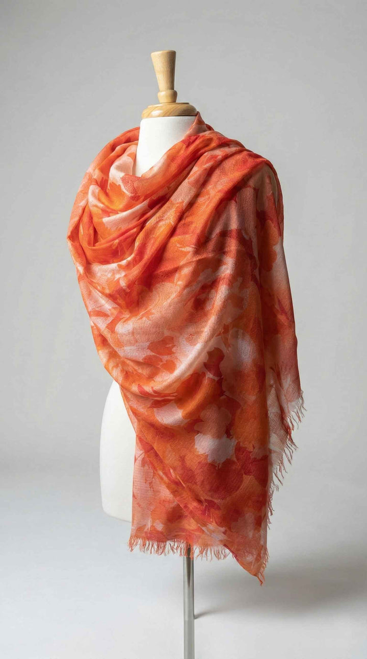 Richard Grand Geometric Floral Shawl in Coral - Mildred Hoit