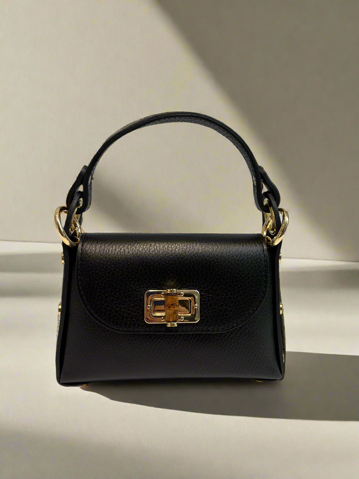 Black Leather Handbag with Bamboo Clasp Detail