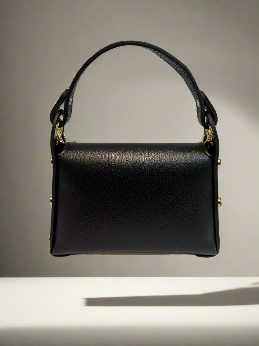 Black Leather Handbag with Bamboo Clasp Detail