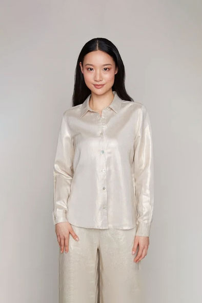 Carre Noir Button Down Gold Blouse available at Mildred Hoit in Palm Beach.