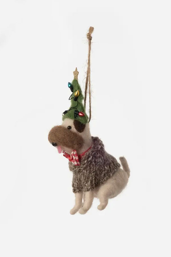 Dog with Christmas Tree Hat Holiday Felt Christmas Ornament - Mildred Hoit