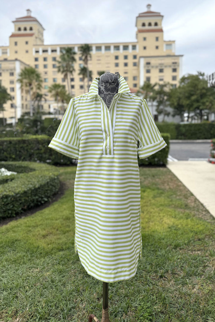 Hinson Wu Aileen Short Sleeve Stripe and Gingham Dress in Lime