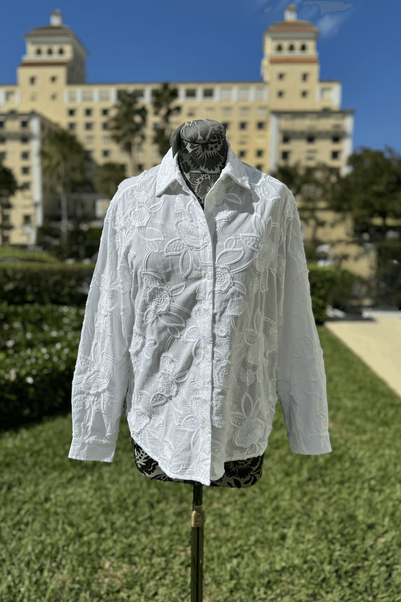 Hinson Wu Margot Long Sleeve Floral Applique Shirt in White available at Mildred Hoit in Palm Beach.