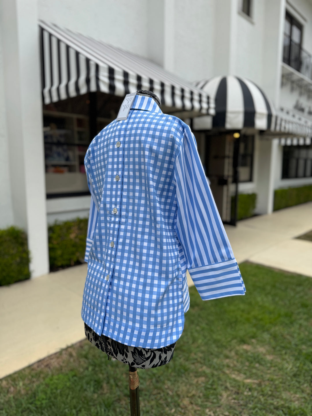 Hinson Wu Aileen Stripe and Gingham Combo Top in Blue and White