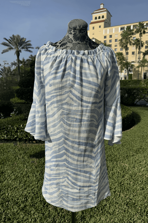 ILinen Carmen Zebra Dress in Blue available at Mildred Hoit in Palm Beach.