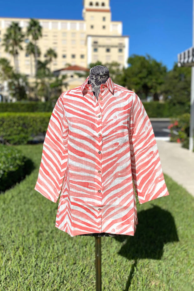 Zebra Coral Linen Blouse available at Mildred Hoit in Palm Beach.